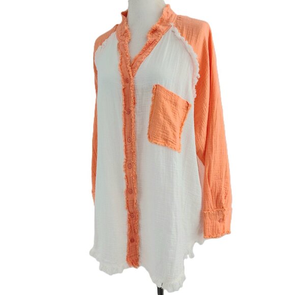 Uncharted Threads 100% Cotton Button-Up Shirt Size LARGE Orange White Frayed - Picture 6 of 9